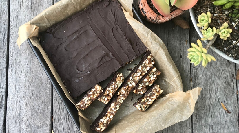 Dark Choc Caramel Seedy Slice